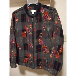 Cj Banks Womens Plaid‎ Floral Bomber Jacket Black Red Glen Check Plus Size 1X